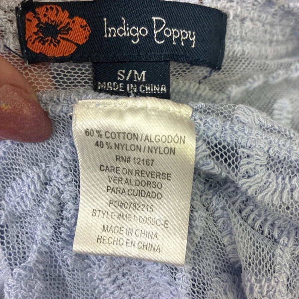 IndigoPoppy Kimono Duster Women S/M Blue Floral Lace Mesh Embroidered Boho Fairy